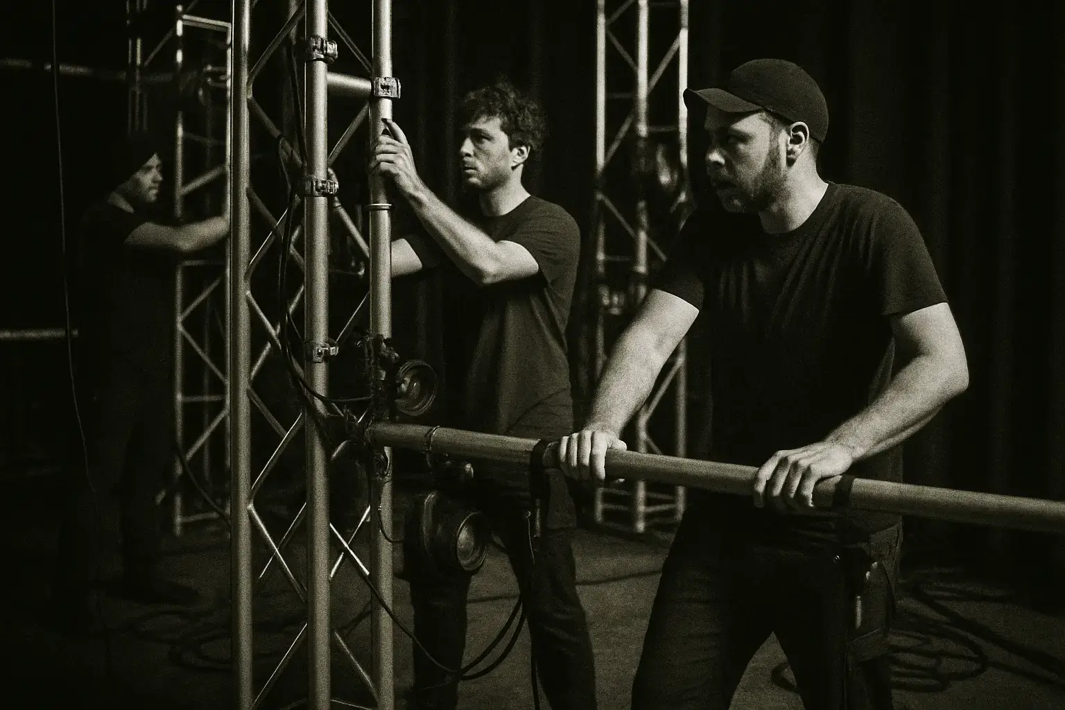 Drei Bühnenhelfer bauen vor einer Produktion die Traversen für die Scheinwerfer auf – Setcrew für Film und Produktion in Berlin