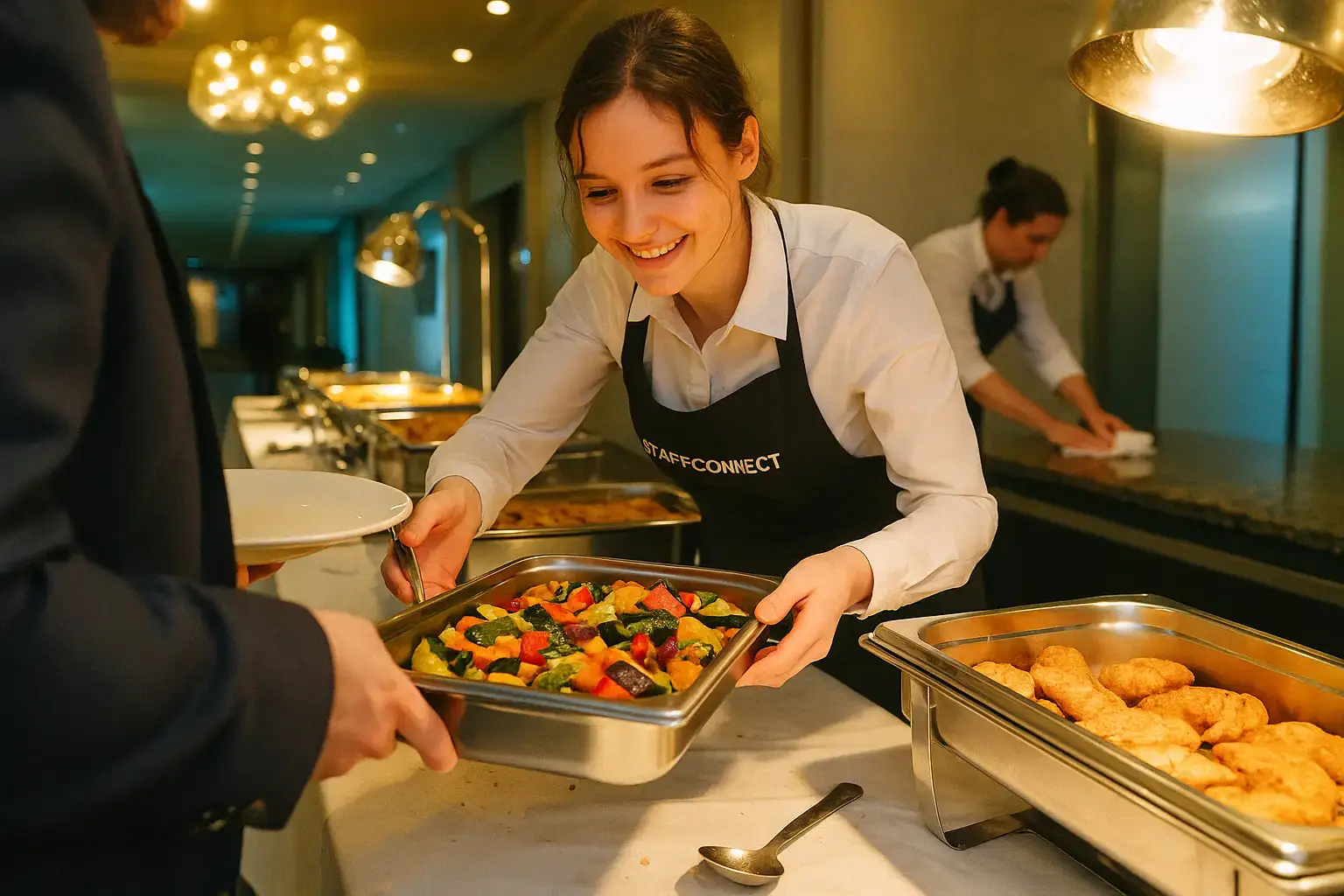 Servicekraft mit StaffConnect-Schürze reicht am Hotelbuffet einer Gala eine Platte mit Ofengemüse