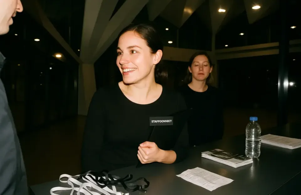 Lächelnde StaffConnect Hostess schaut beim Akkreditieren zur Seite