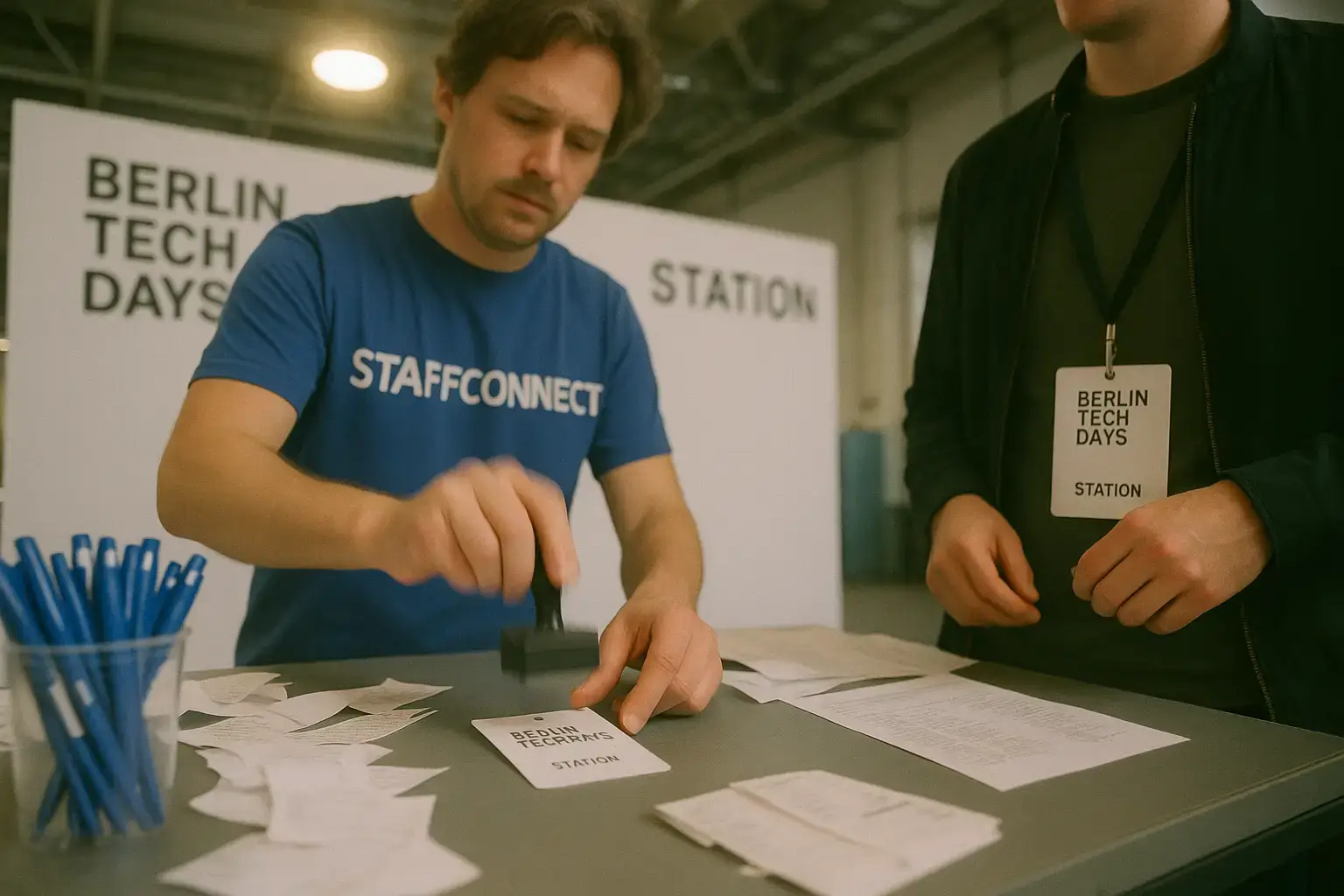 Check-in-Kraft im StaffConnect-Shirt stempelt am Registrierungstisch einer Tech-Konferenz die Teilnehmerkarten