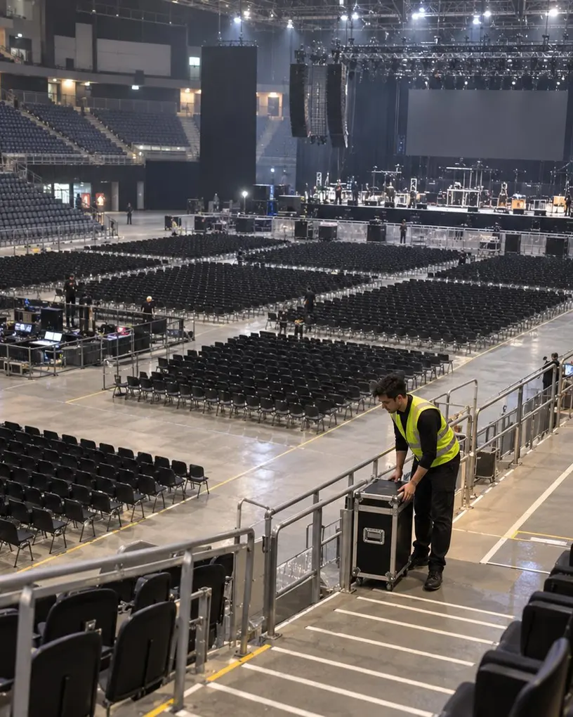 Aufbauhelfer in Warnweste schiebt in einer bestuhlten Arena ein Flightcase über den Rang, vorne wird die Bühne eingerichtet – Logistikhelfer in Berlin