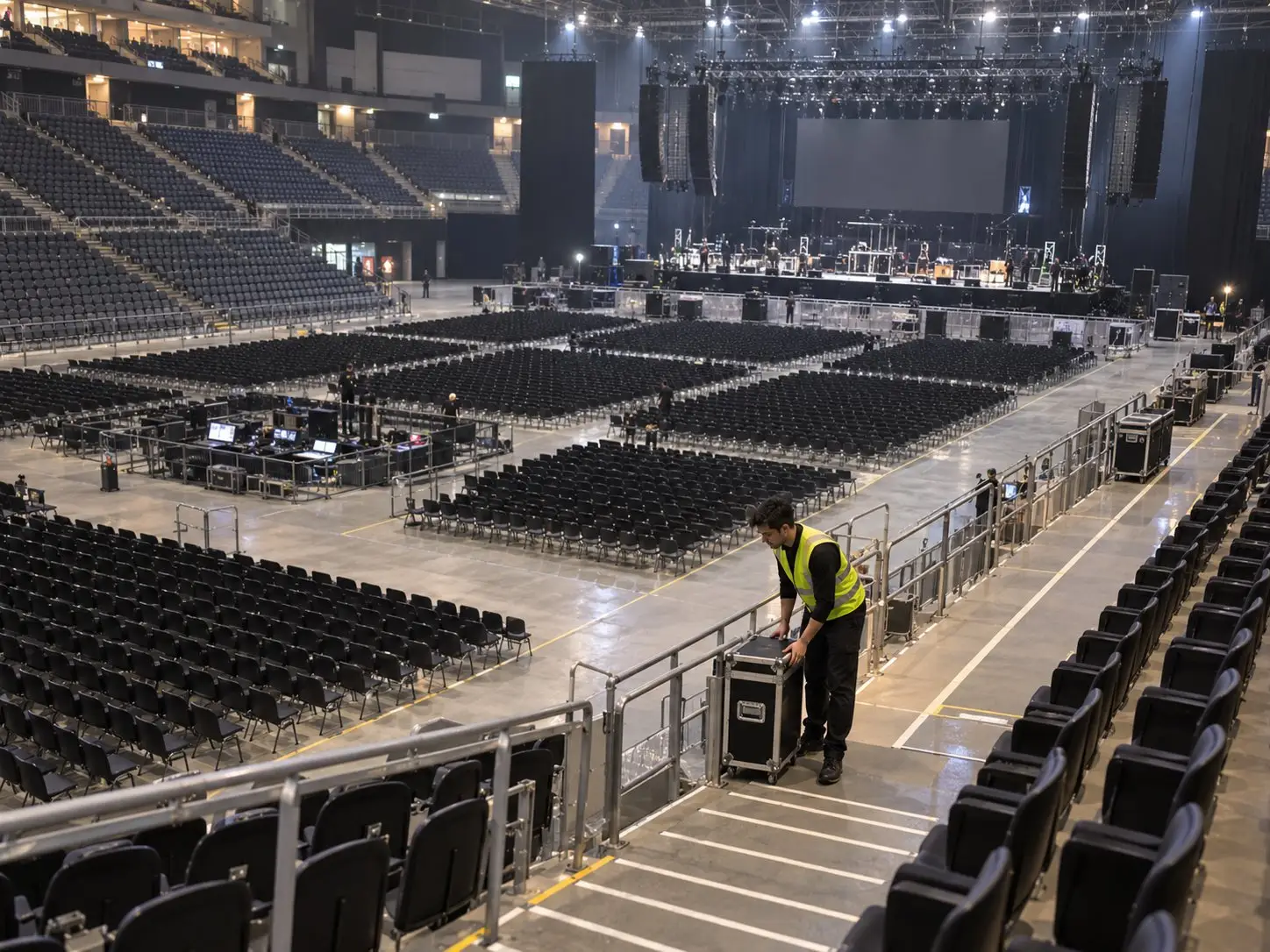 Crew member moves a flight case through an arena with rows of seating