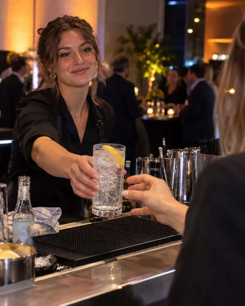 Barkeeperin reicht einem Gast einen Longdrink über die Theke, dahinter ein Empfang mit Stehtischen