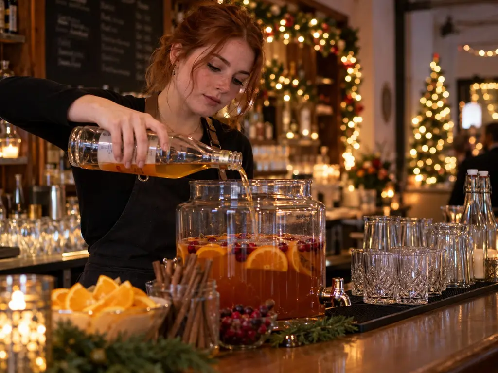Barkeeperin füllt bei einer Weihnachtsfeier Punsch in einen Getränkespender