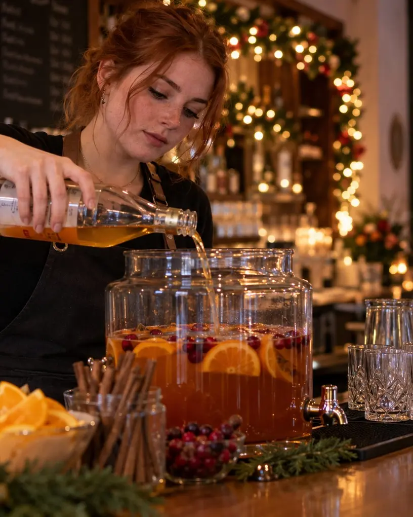 Bartender pours punch with orange slices into a drinks dispenser at a festive bar