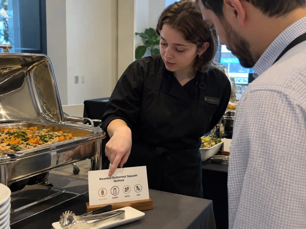 Servicekraft am Buffet erklärt einem Gast anhand des Schilds die Allergene eines Gerichts – Cateringpersonal in Berlin