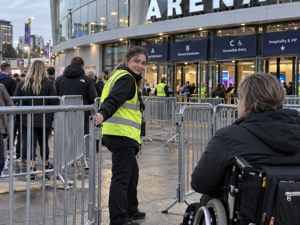 Einlasskraft in Warnweste öffnet einem Gast im Rollstuhl das Gitter zum barrierefreien Eingang einer Arena