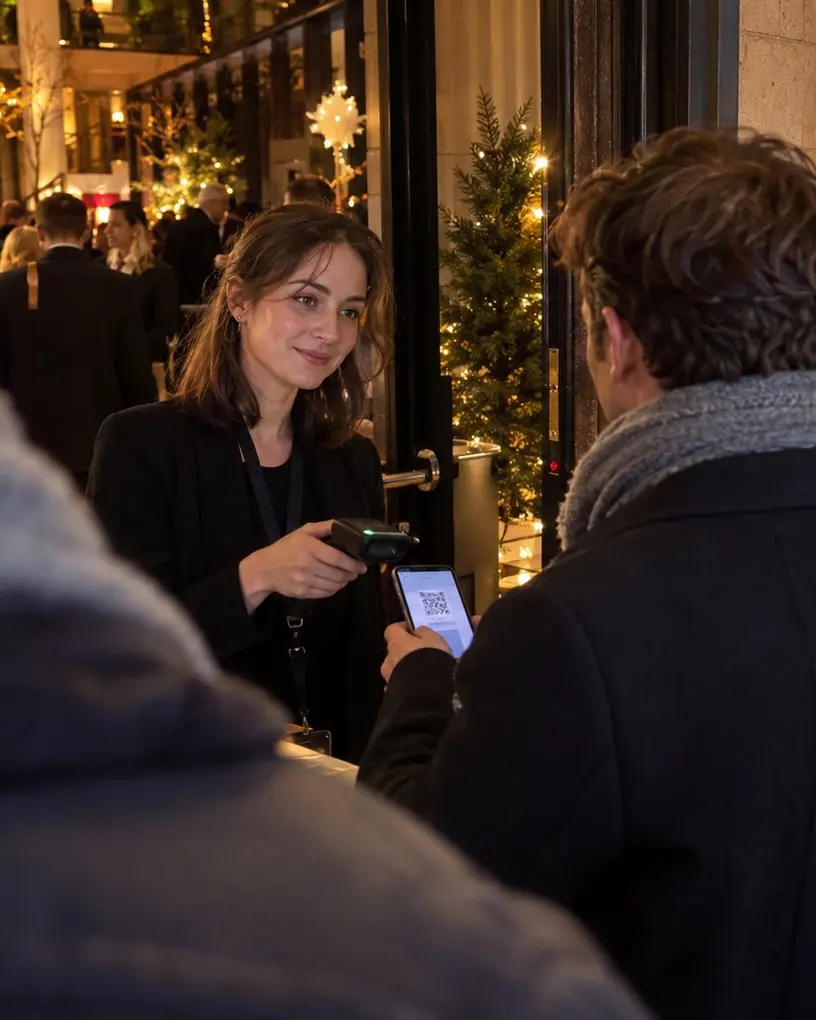 Entry staff scans the QR code on a guest’s phone at a festively decorated entrance