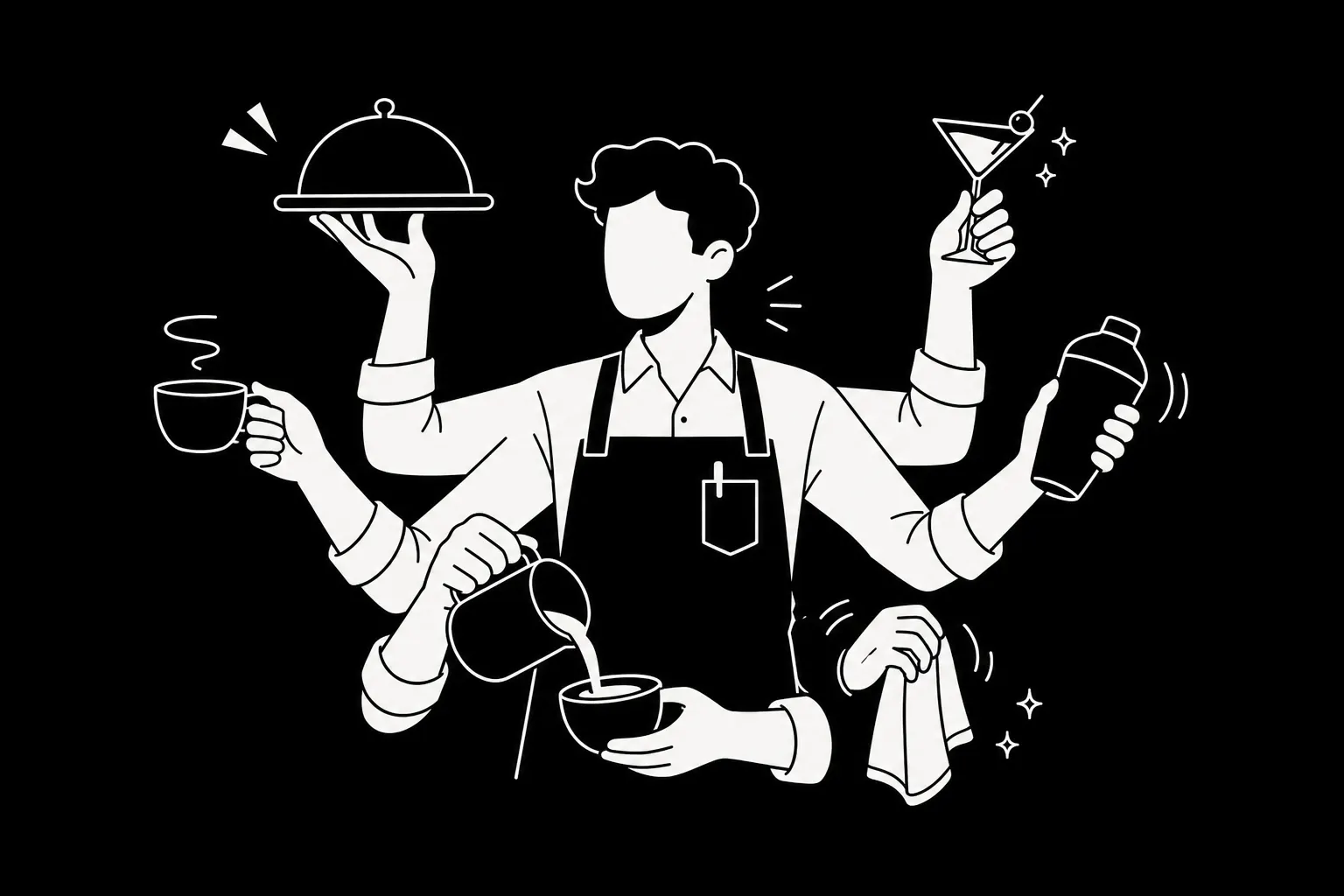 Strichzeichnung einer Servicekraft mit Schürze und sechs Armen, die gleichzeitig Cloche, Cocktailglas, Shaker, Espressotasse, Milchkännchen und Poliertuch hält