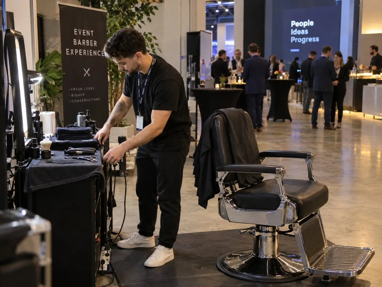 Barber richtet auf einer Konferenz seine Event-Barber-Station mit Stuhl, Spiegel und Werkzeug ein – Barber-Station für Events in Berlin