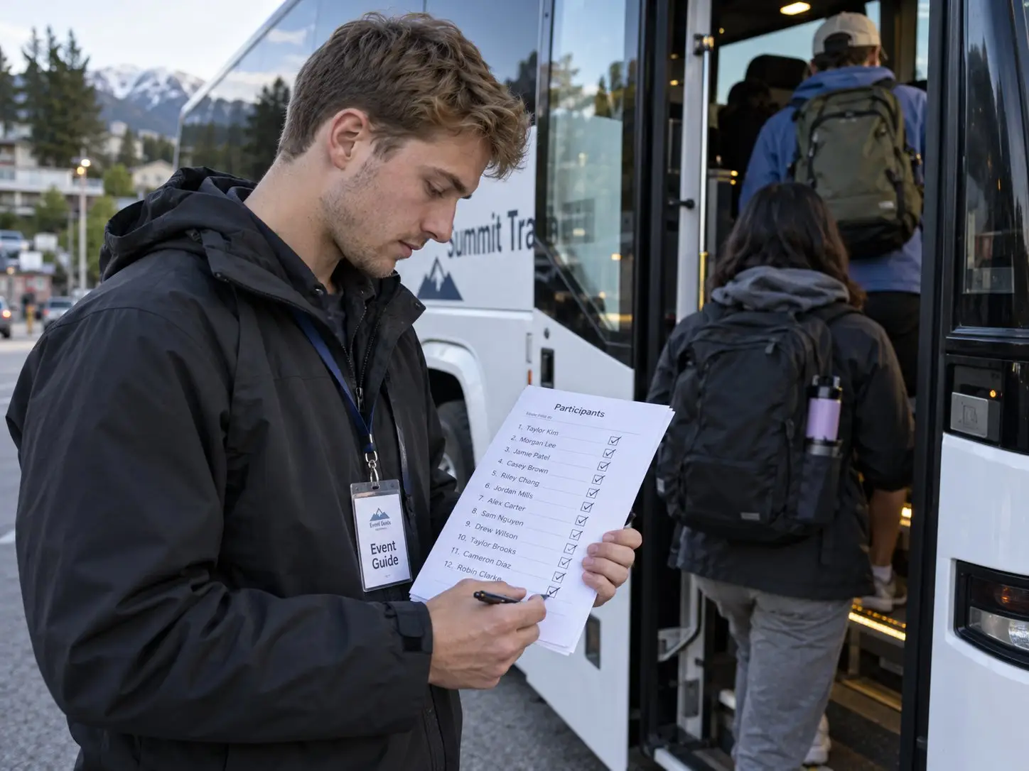 Event-Guide hakt beim Einsteigen in den Reisebus die Namen auf der Teilnehmerliste ab – Event-Begleitservice in Berlin