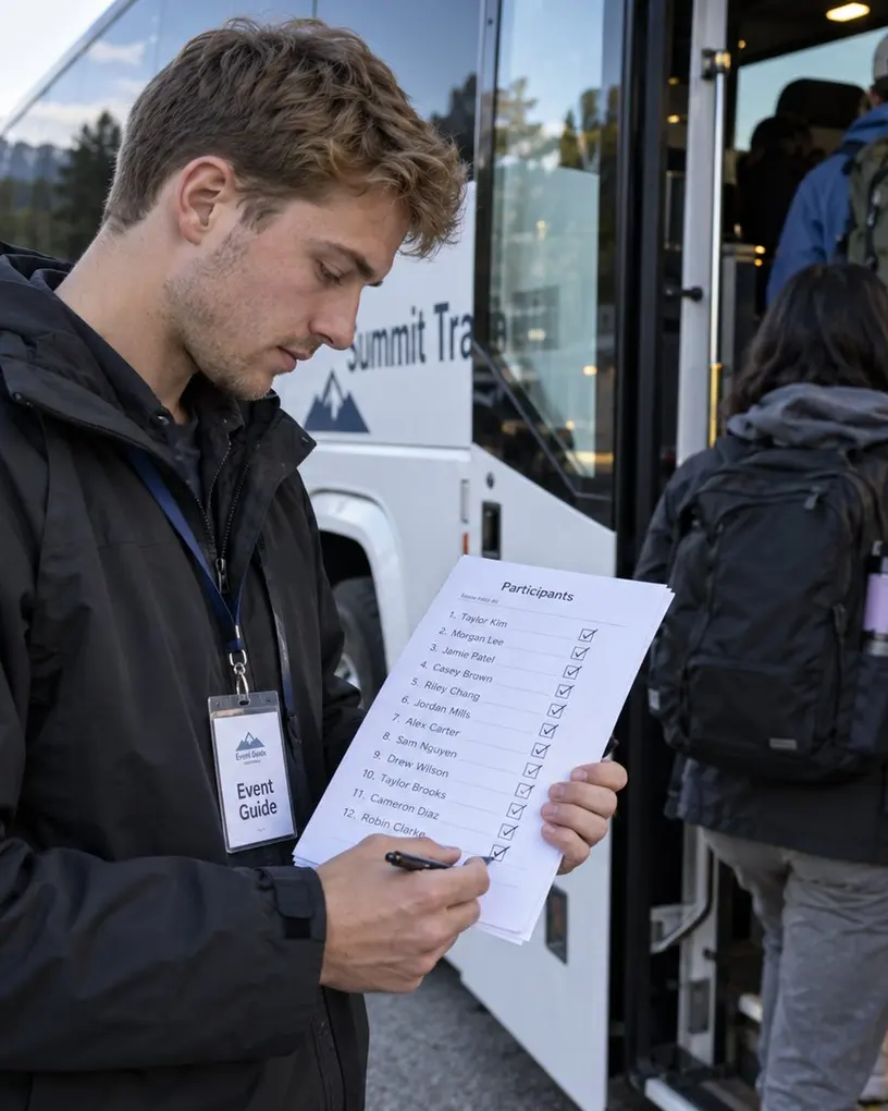 Crew member checks names on a list as people board a coach