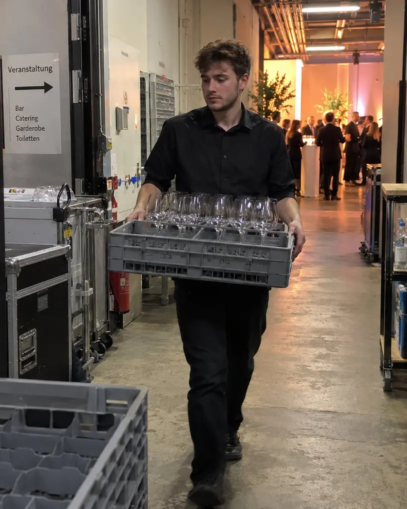 Eventhelfer trägt einen Korb mit Gläsern durch den Versorgungsgang hinter einer Abendveranstaltung