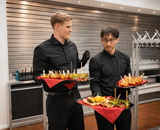 Kellner mit Flying-Food-Tablett im Einsatz auf einer Veranstaltung