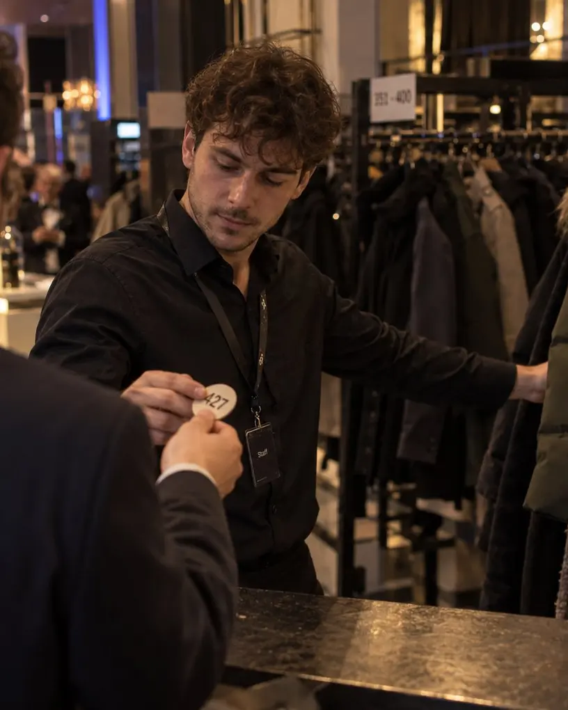 Cloakroom attendant hands a guest a ticket at an evening event