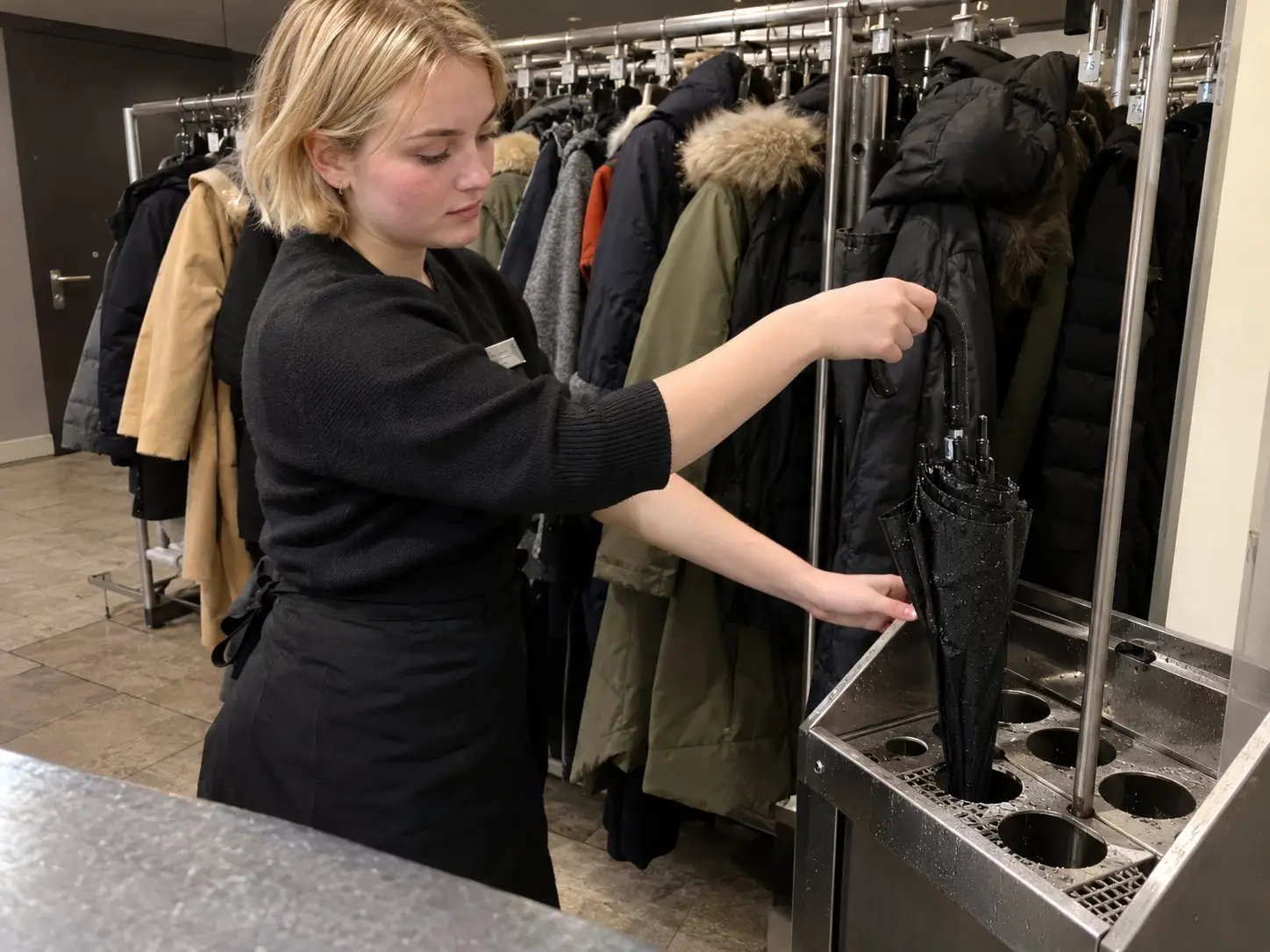 Cloakroom attendant puts a guest’s wet umbrella into the umbrella stand next to the coat rail