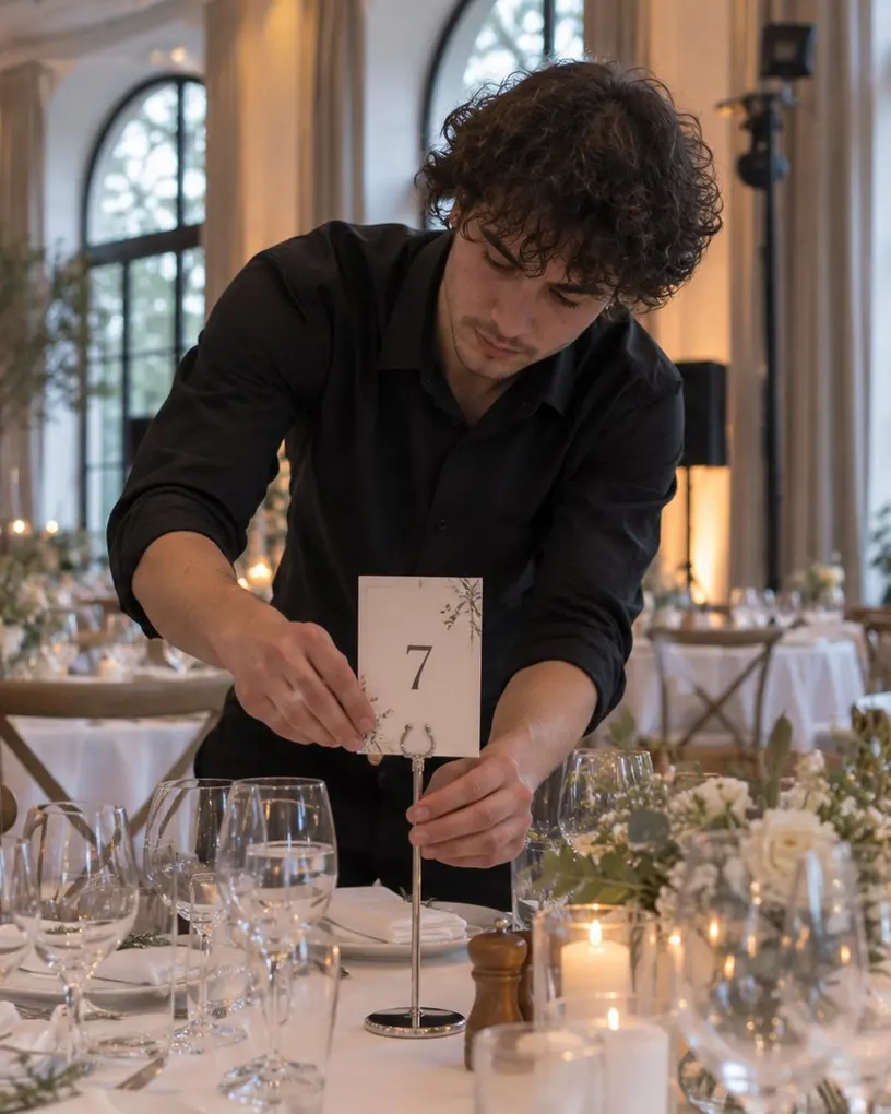 Servicekraft stellt beim Eindecken einer Hochzeitstafel die Tischnummer zwischen Kerzen und Gläser