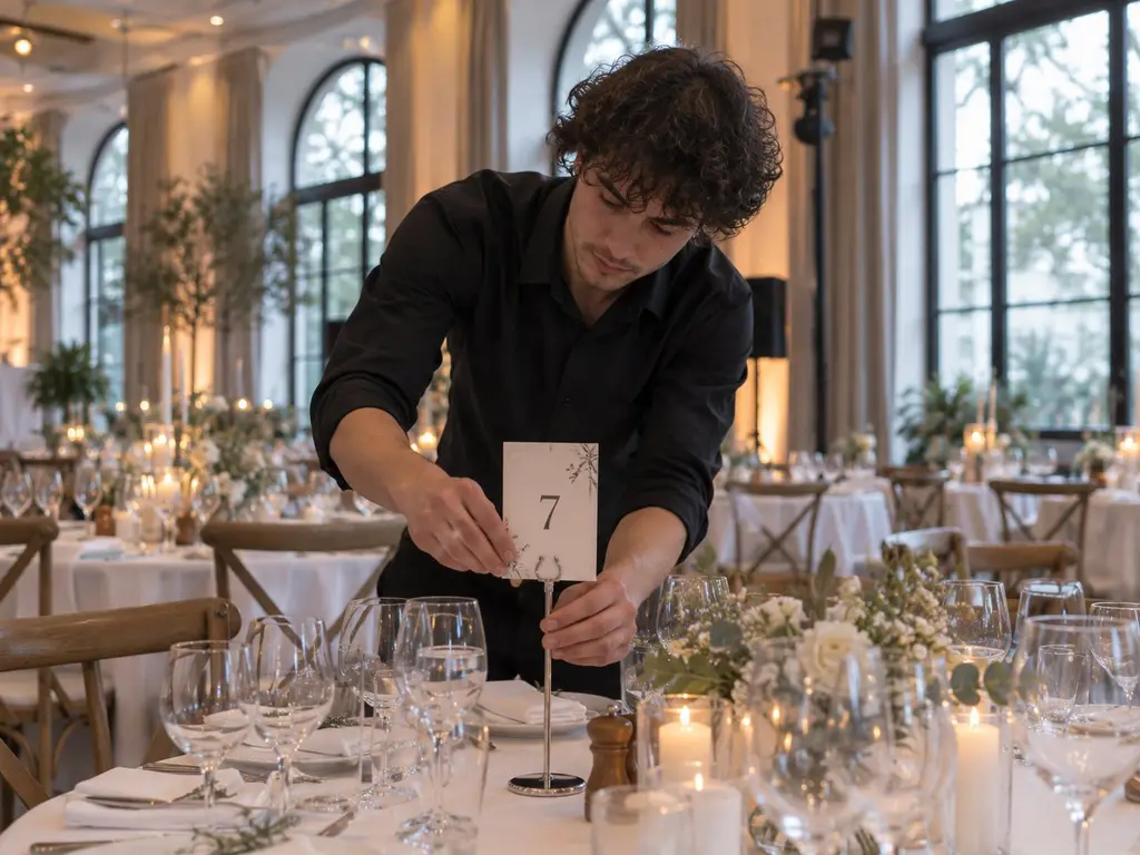 Servicekraft stellt beim Eindecken einer Hochzeitstafel die Tischnummer zwischen Kerzen und Gläser – Servicepersonal für private Feiern in Berlin