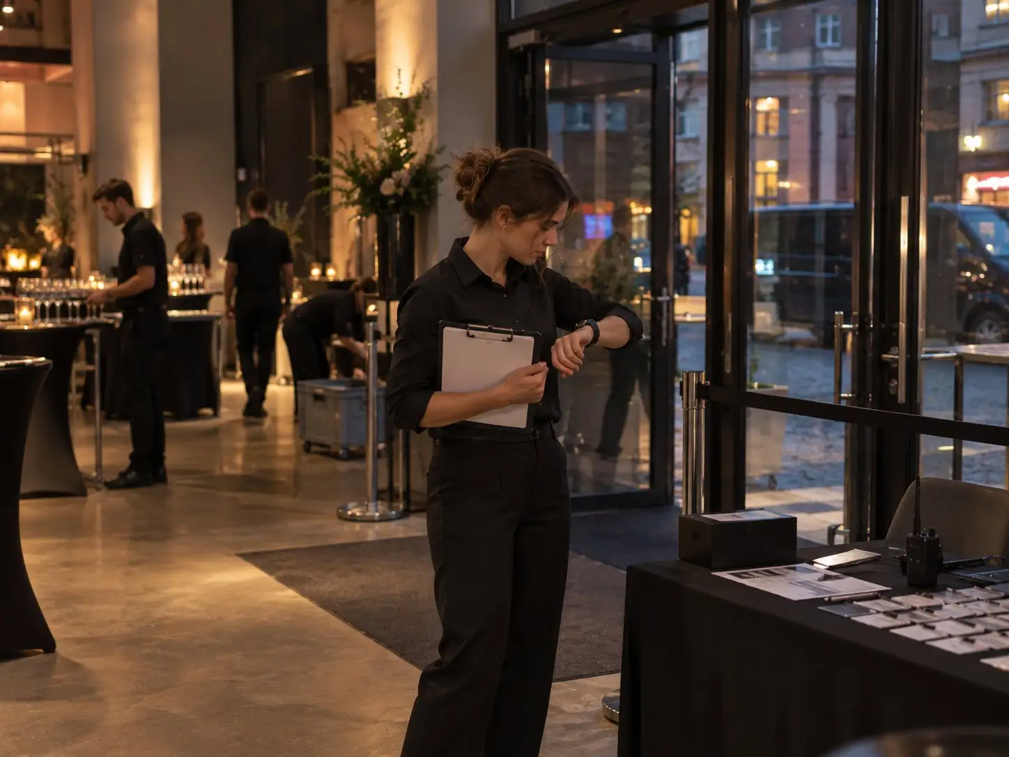 Hostess with a clipboard checks her watch at the entrance while the team sets up cocktail tables behind her