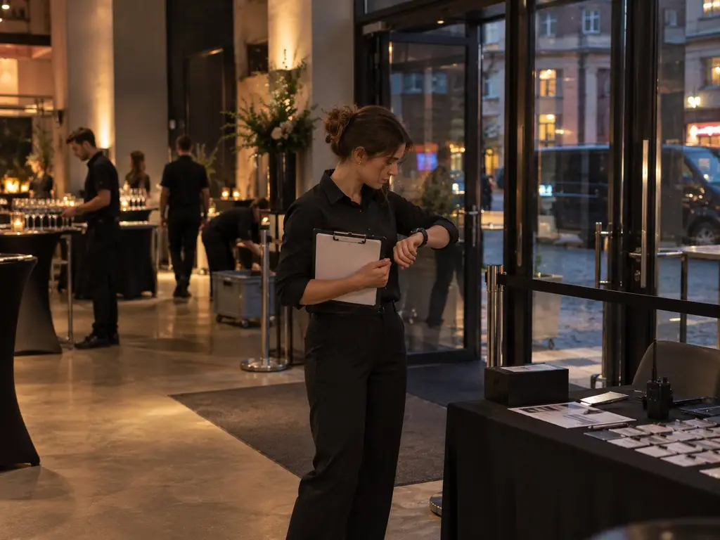 Hostess am Einlass schaut kurz vor Schichtbeginn auf die Uhr, dahinter richtet das Serviceteam die Stehtische