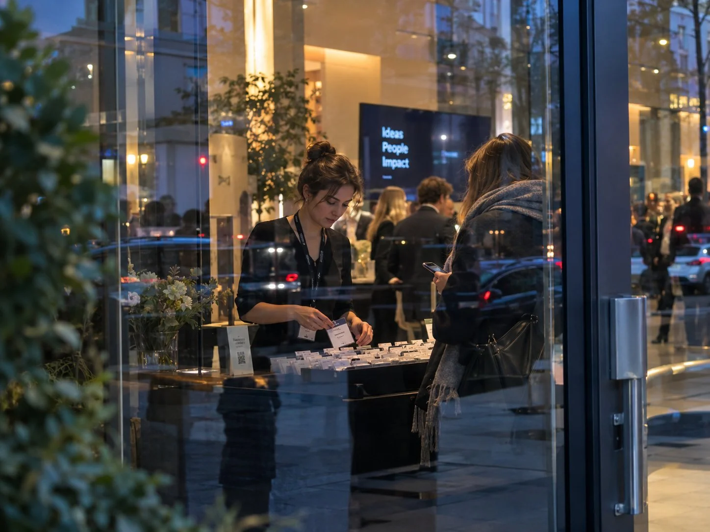Hostess sucht am Empfangstresen das Namensschild für einen ankommenden Gast heraus
