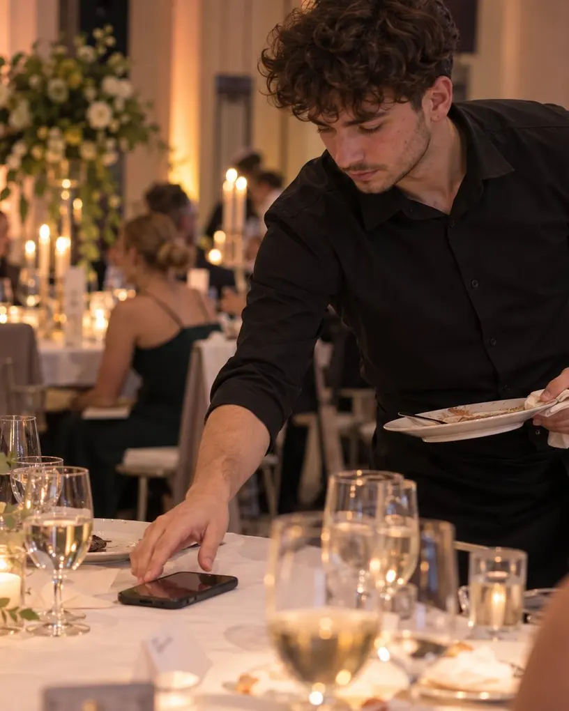Kellner räumt bei einem Gala-Dinner im Kerzenlicht die Teller von der Tafel ab