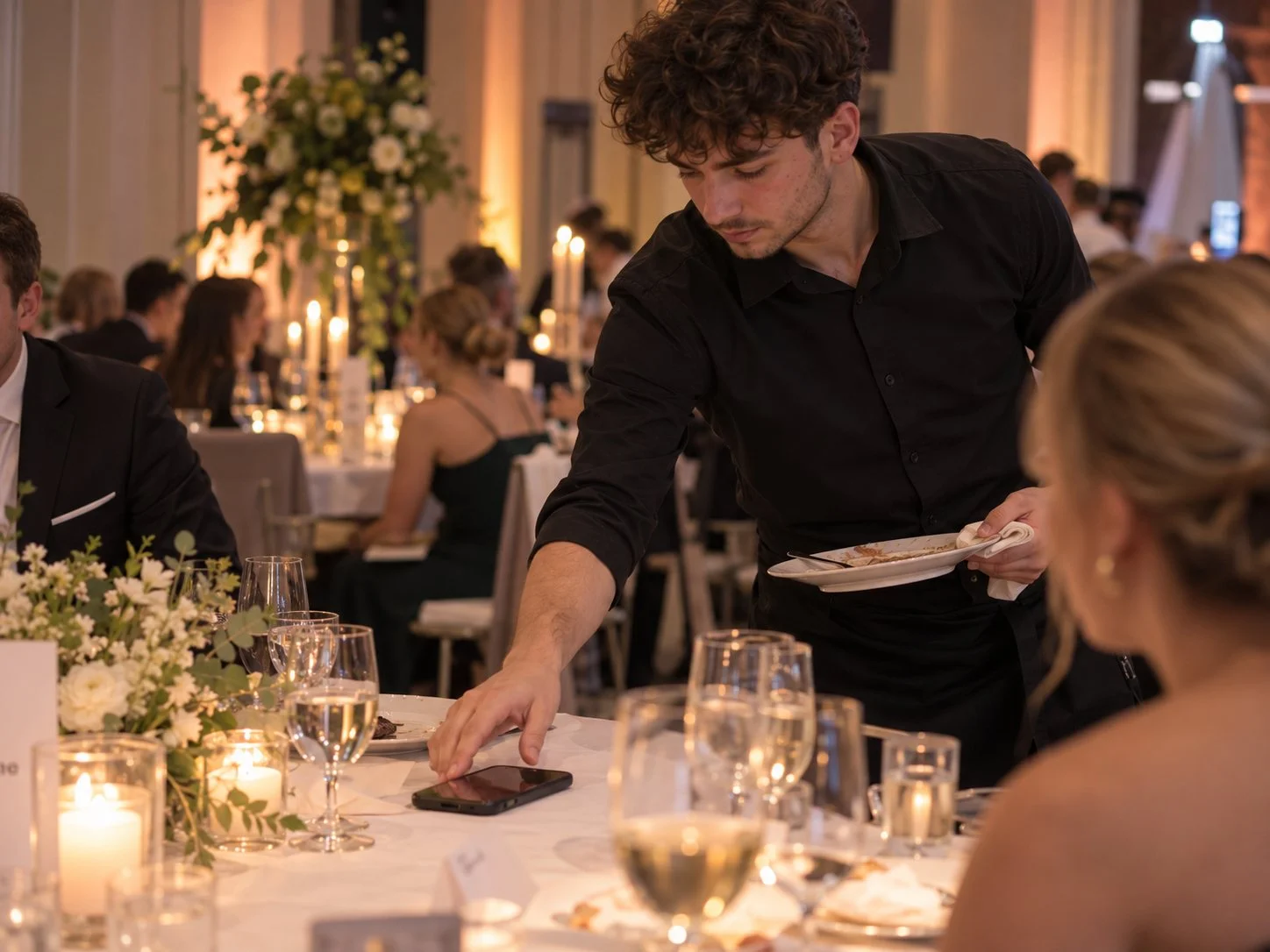 Kellner räumt bei einem Gala-Dinner im Kerzenlicht die Teller ab