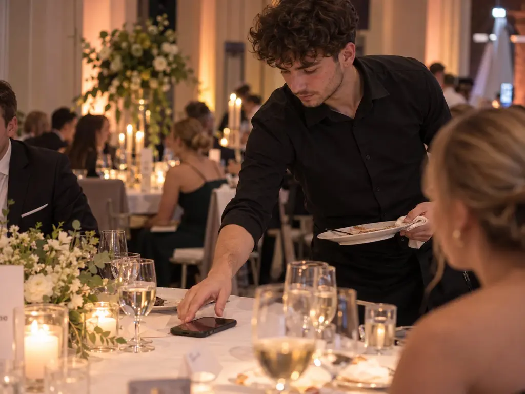 Kellner räumt bei einem Gala-Dinner im Kerzenlicht die Teller von der Tafel ab – Service- und Gastronomiepersonal in Berlin