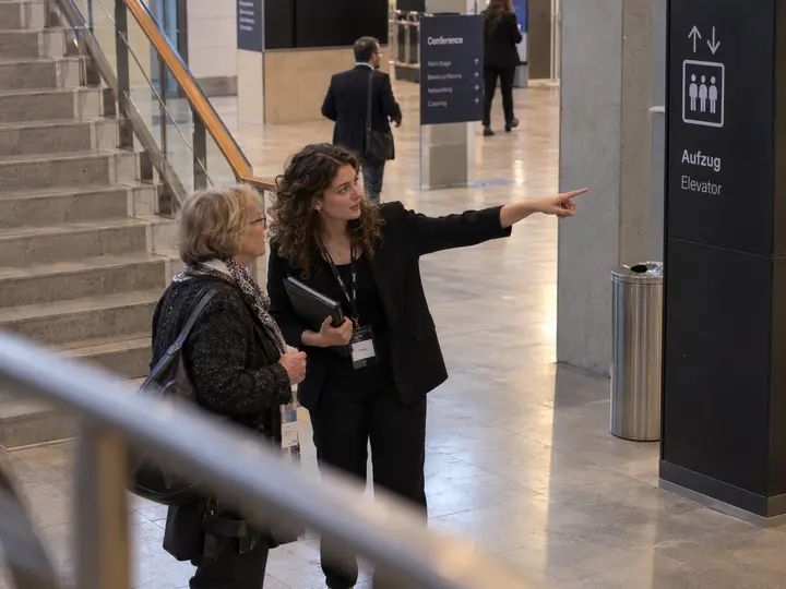 Host shows a conference guest the way to the lift