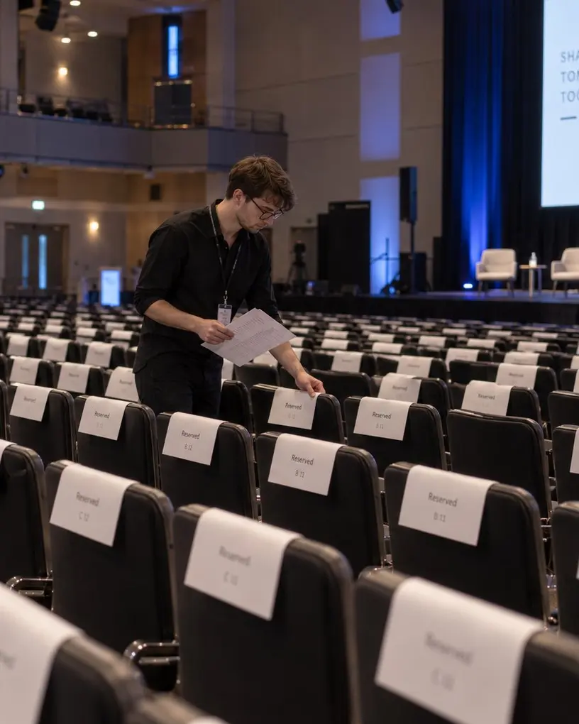 Kongresskraft legt im großen Plenarsaal vor Beginn die Reserviert-Schilder auf die Sitzreihen, auf der Leinwand der Berliner Fernsehturm – VIP-Betreuung in Berlin