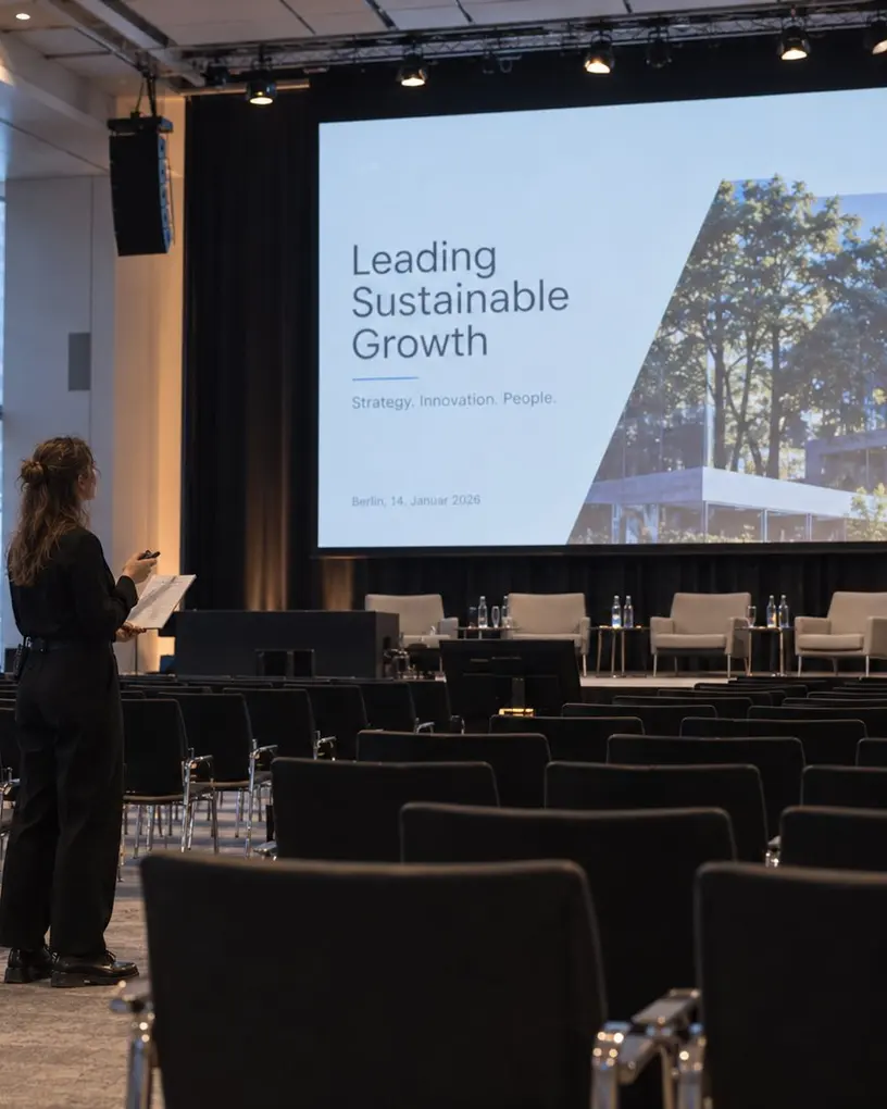Hostess goes through the running order in a seated conference hall before the opening session