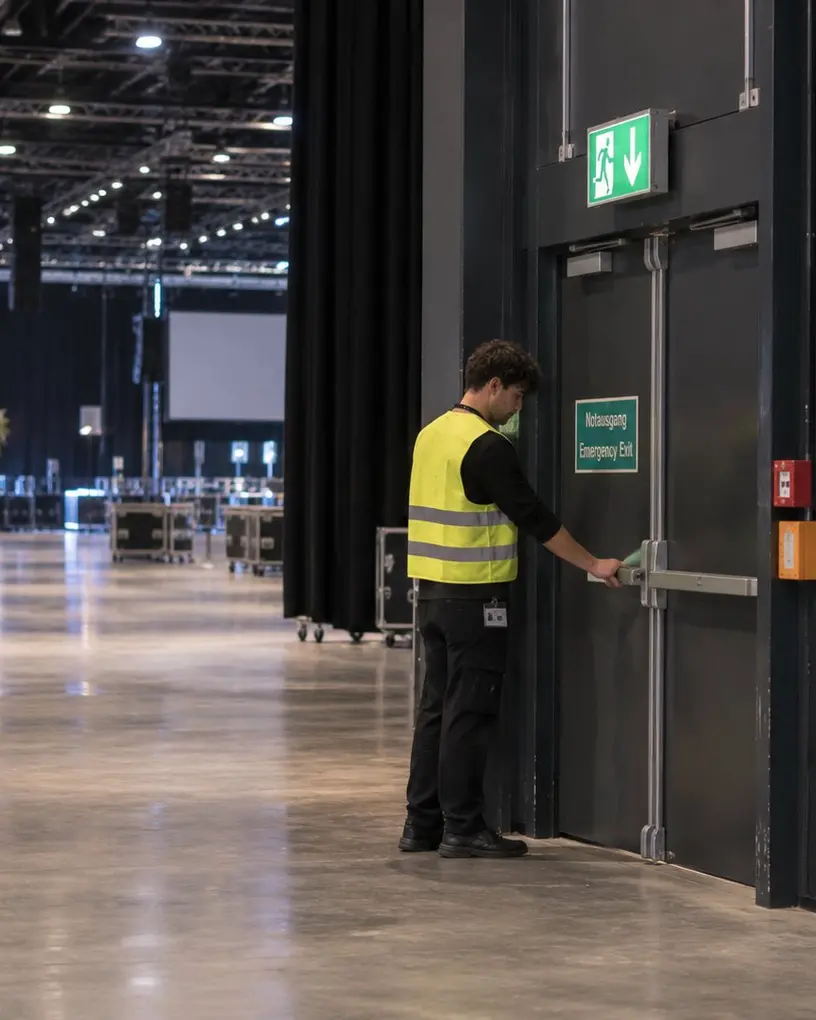 Ordner in Warnweste prüft vor Einlassbeginn einen Notausgang in der Messehalle