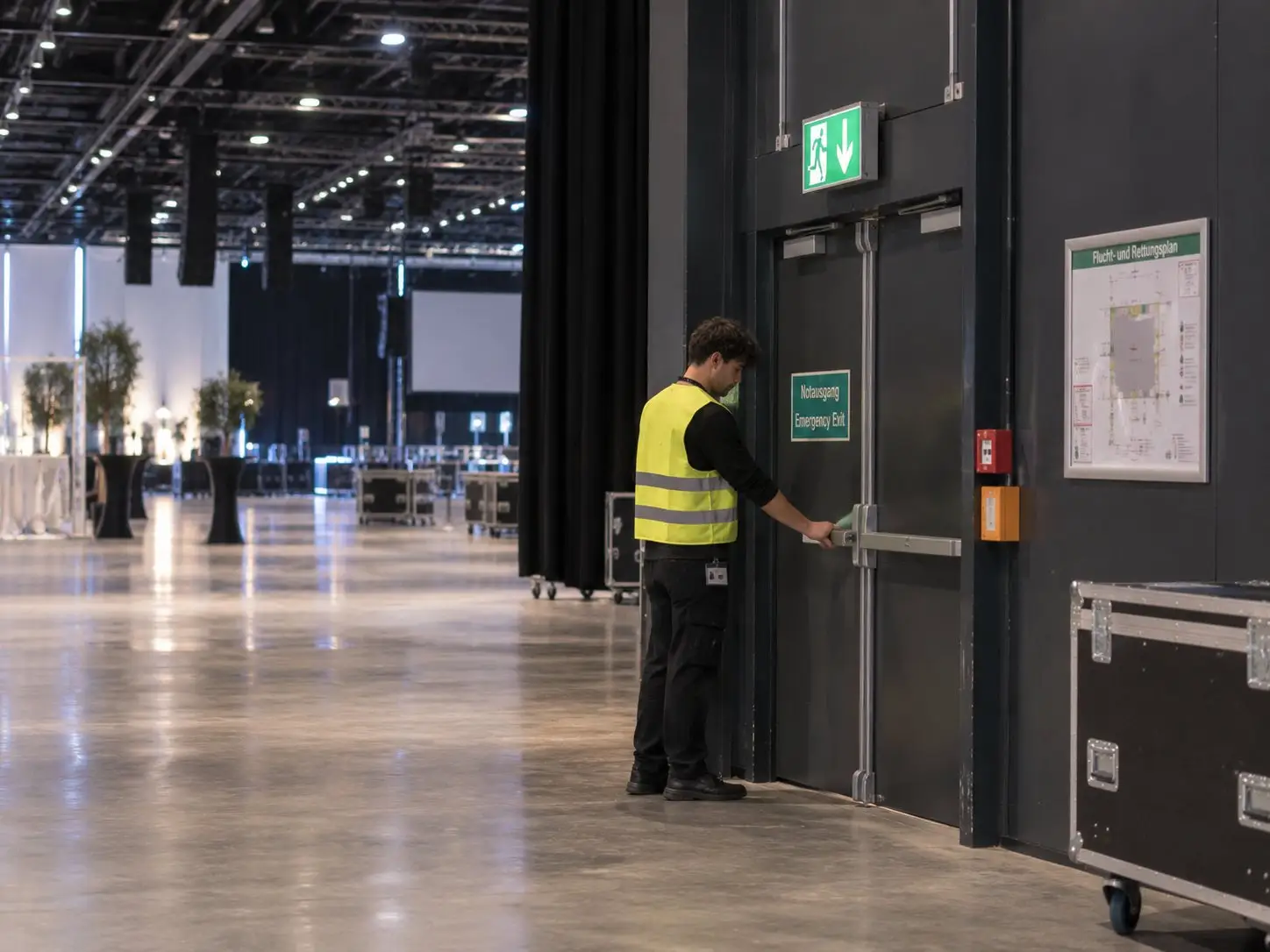 Ordner in Warnweste prüft vor Einlassbeginn einen Notausgang in der Messehalle