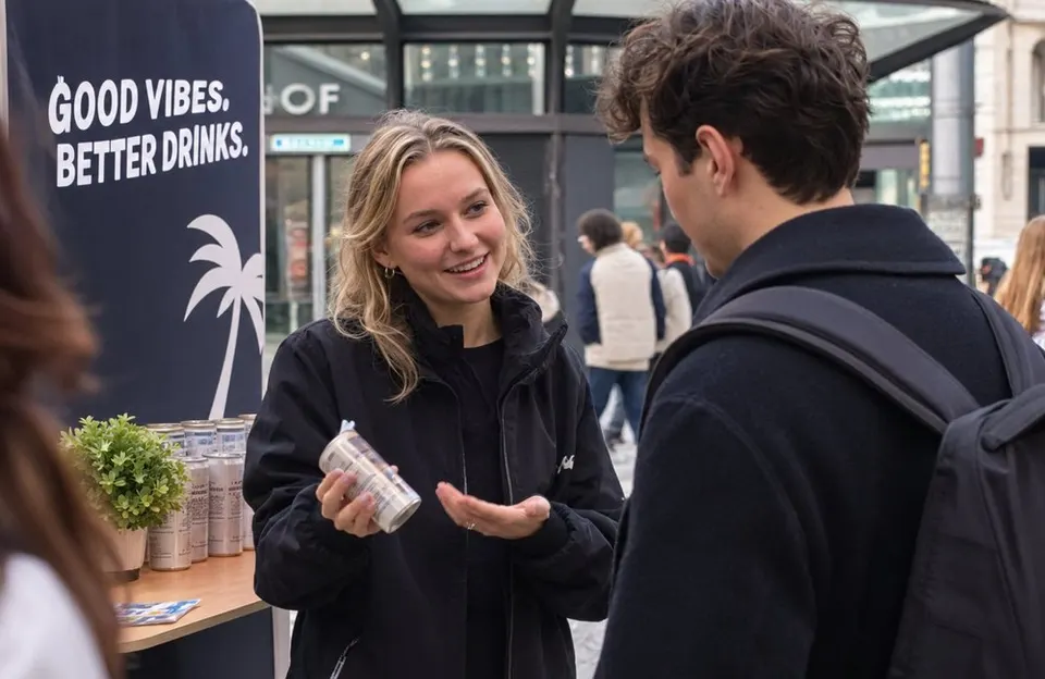 Promoterin stellt einem jungen Mann an einem Aktionsstand ein Getränk in der Dose vor
