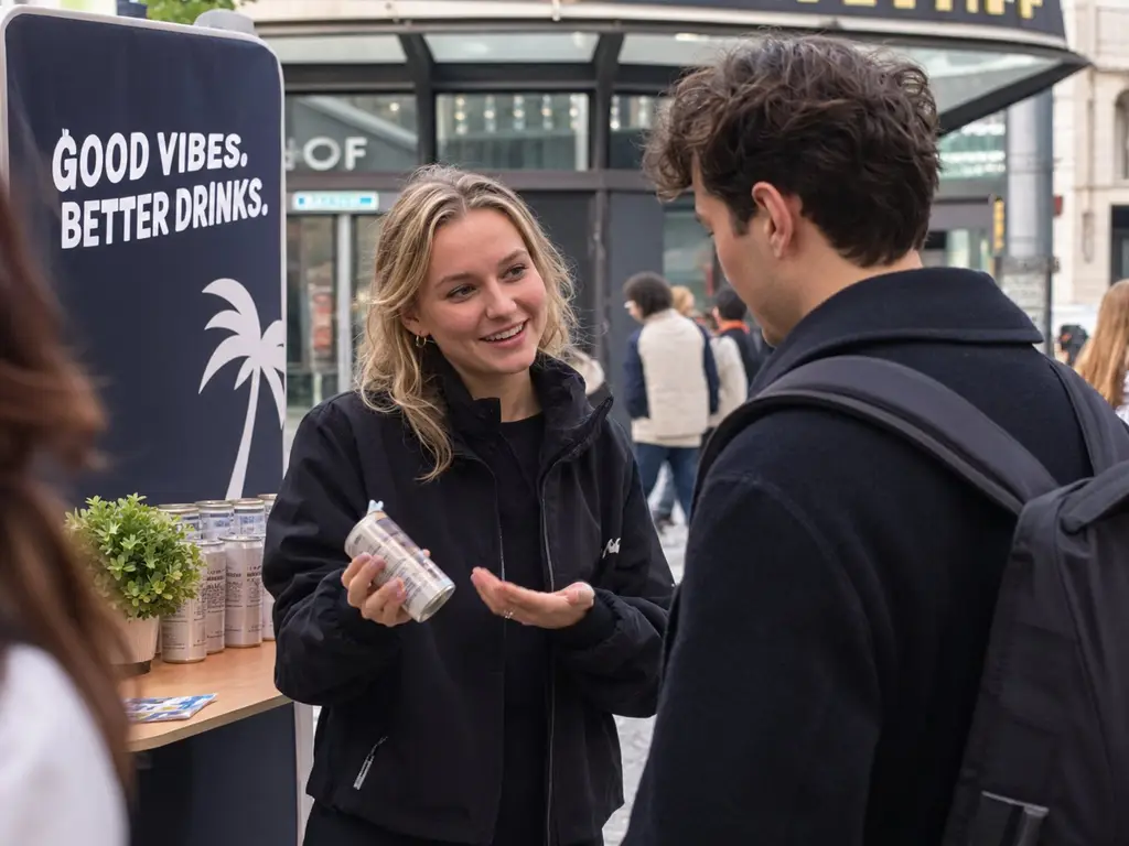 Promoterin erklärt einem Passanten an einem Promotionstand in der Innenstadt ein Getränk