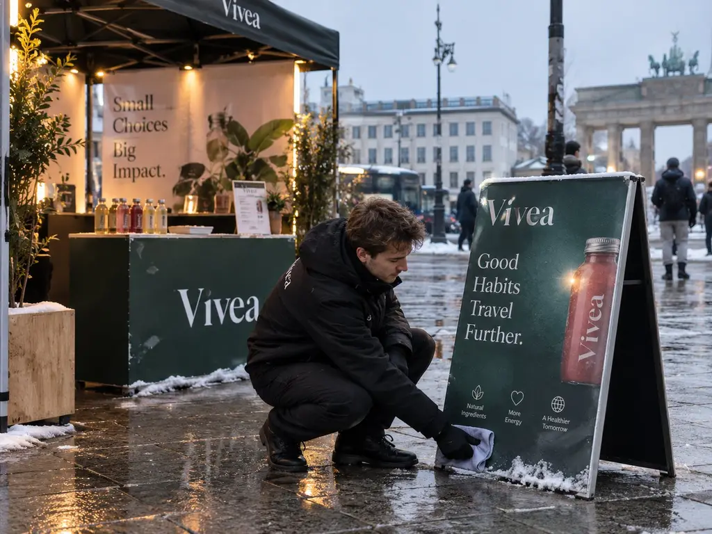 Promoter wischt am winterlichen Aktionsstand vor dem Brandenburger Tor den Schnee vom Kundenstopper – Promotionpersonal in Berlin