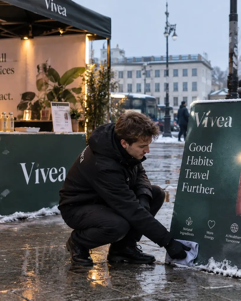 Promoter wipes snow off a winter promotion stand near the Brandenburg Gate