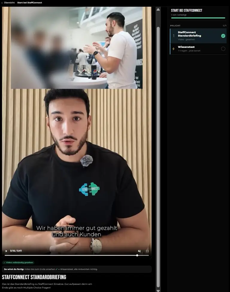 Schulungsportal von StaffConnect: Video „StaffConnect Standardbriefing“ mit Leon Chiosea, daneben die Pflichtschritte Standardbriefing (gesehen) und Wissenstest mit 7 Fragen
