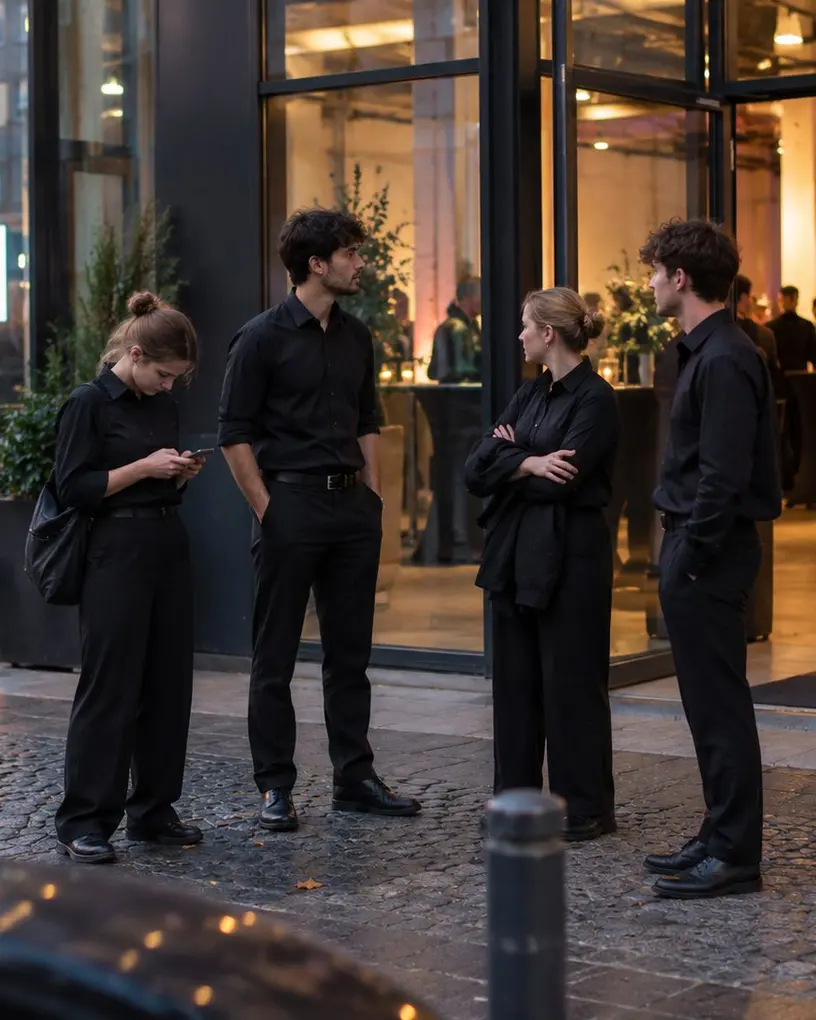 Four staff in black meet outside a venue entrance before their shift, one of them checking her phone