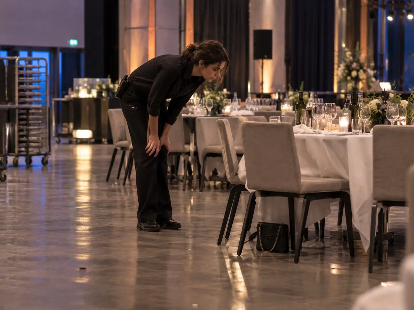 Servicekraft prüft nach dem Gala-Dinner beim Kontrollgang den Saal, unter einem Stuhl steht eine vergessene Handtasche – Auf- und Abbauhelfer in Berlin