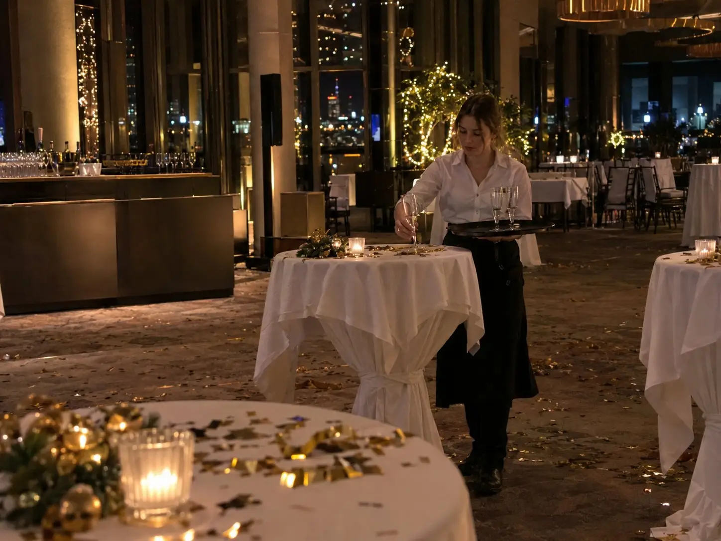 Servicekraft räumt nach dem Anstoßen die Sektgläser von einem Stehtisch voller Konfetti ab, dahinter die nächtliche Skyline – Personal für das Firmenjubiläum