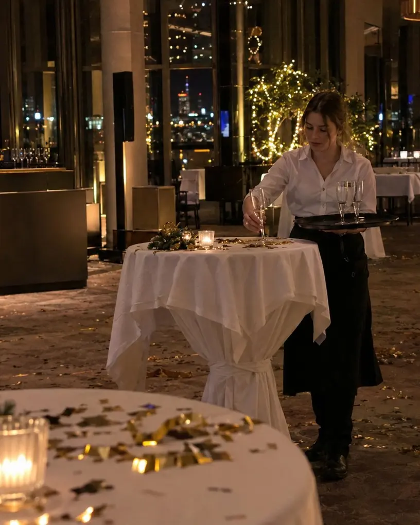 Server clears champagne glasses from a cocktail table after a toast