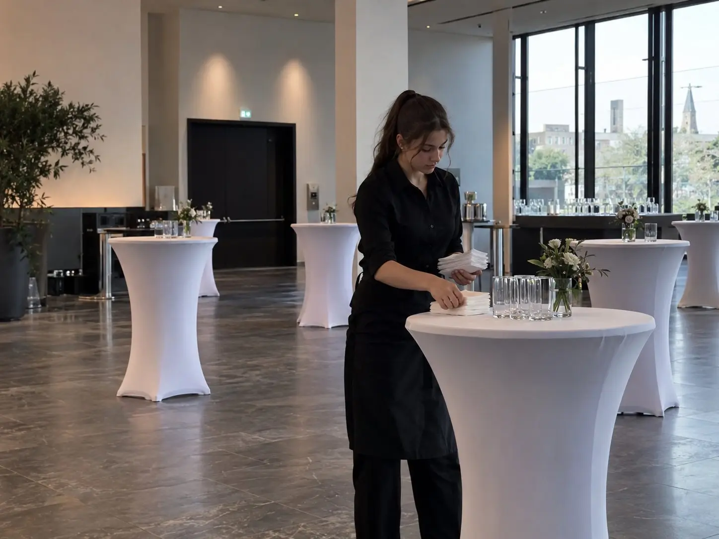 Server placing napkins on white-covered standing tables in a bright conference foyer