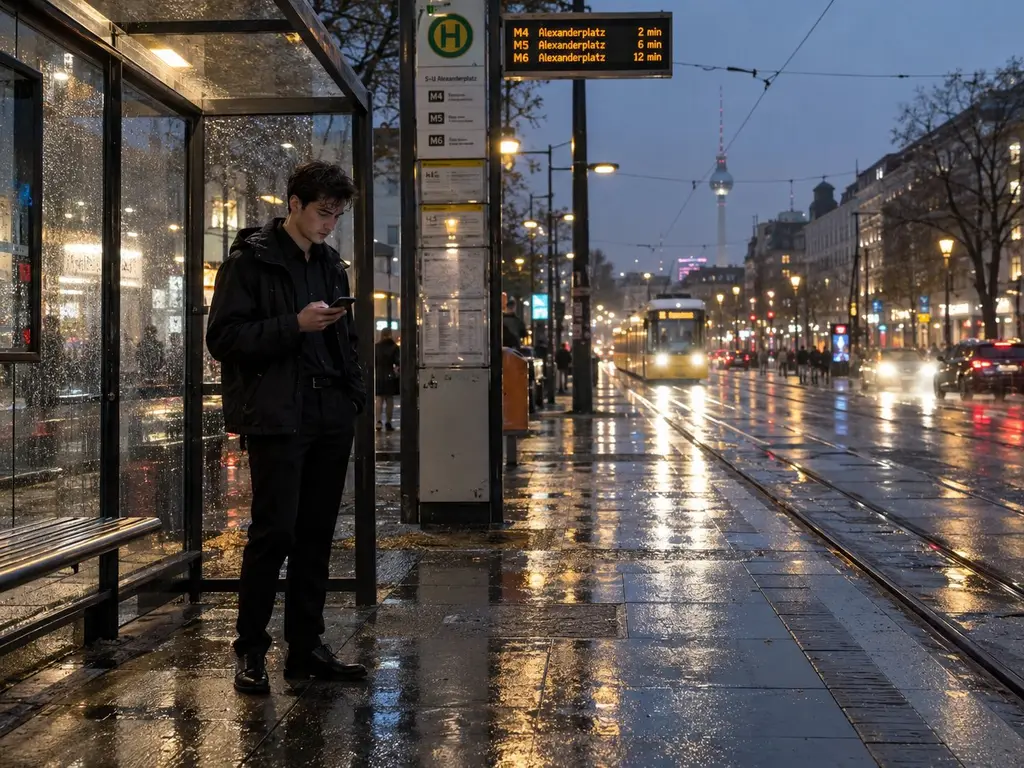 Servicekraft wartet im Regen an der Tramhaltestelle S+U Alexanderplatz, die Anzeige kündigt M4, M5 und M6 an