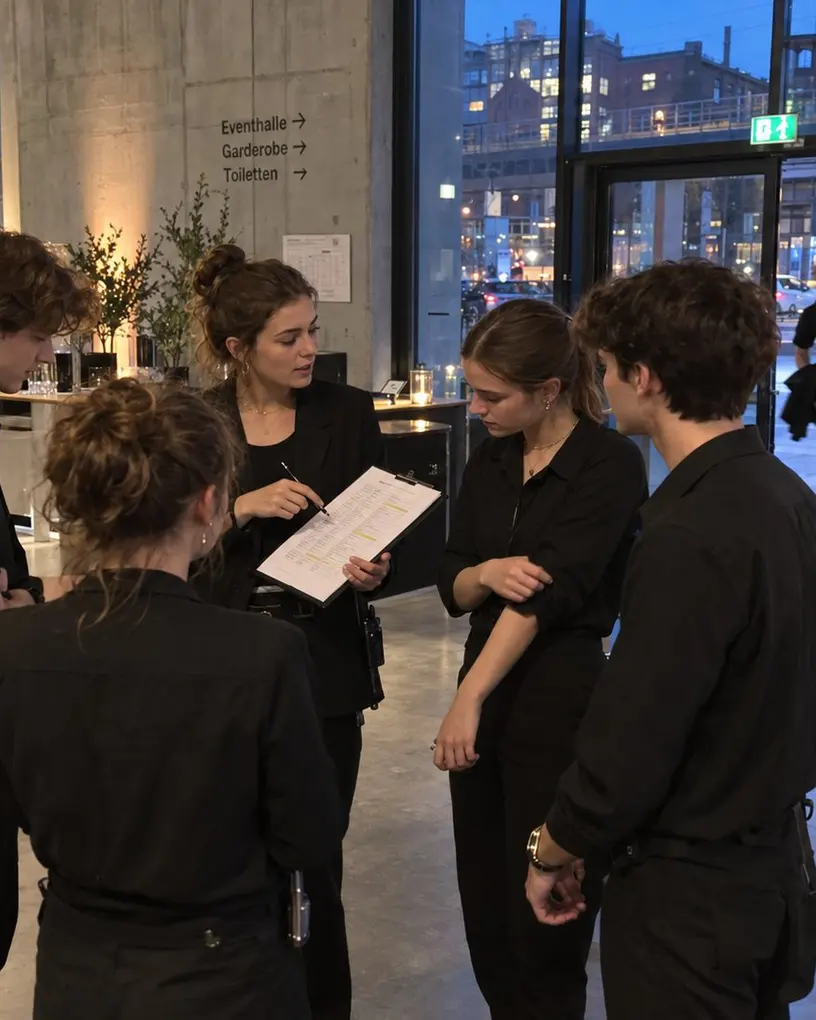 Team lead goes through the schedule with a crew in black in a foyer while a latecomer hurries in