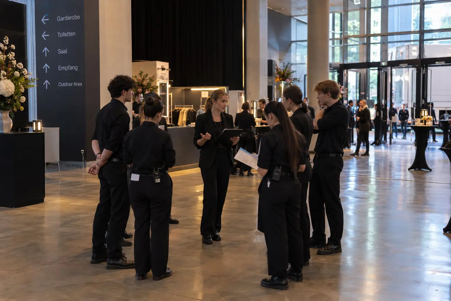 Teamleitung brieft im Foyer die Crew in Schwarz vor Einlassbeginn, links die Wegweiser zu Garderobe, Saal und Empfang