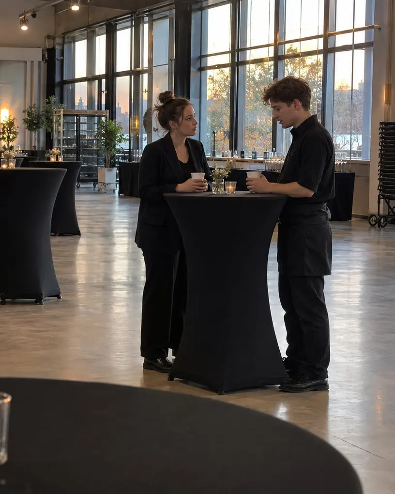 Two staff members in black talk over coffee at a cocktail table in a bright hall before the guests arrive