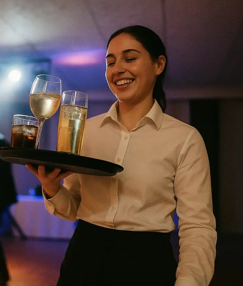 Servicekraft trägt ein Tablett mit Gläsern über eine Tanzfläche