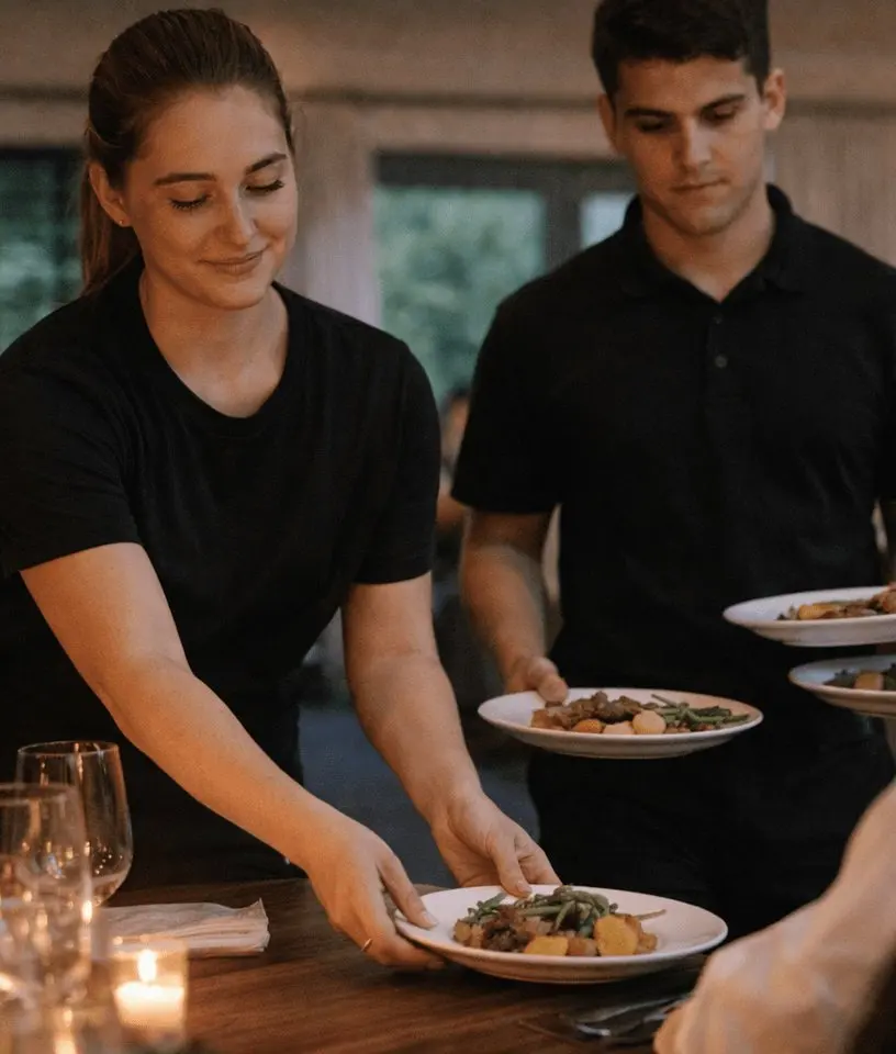 Zwei Servicekräfte servieren Teller an einer gedeckten Tafel