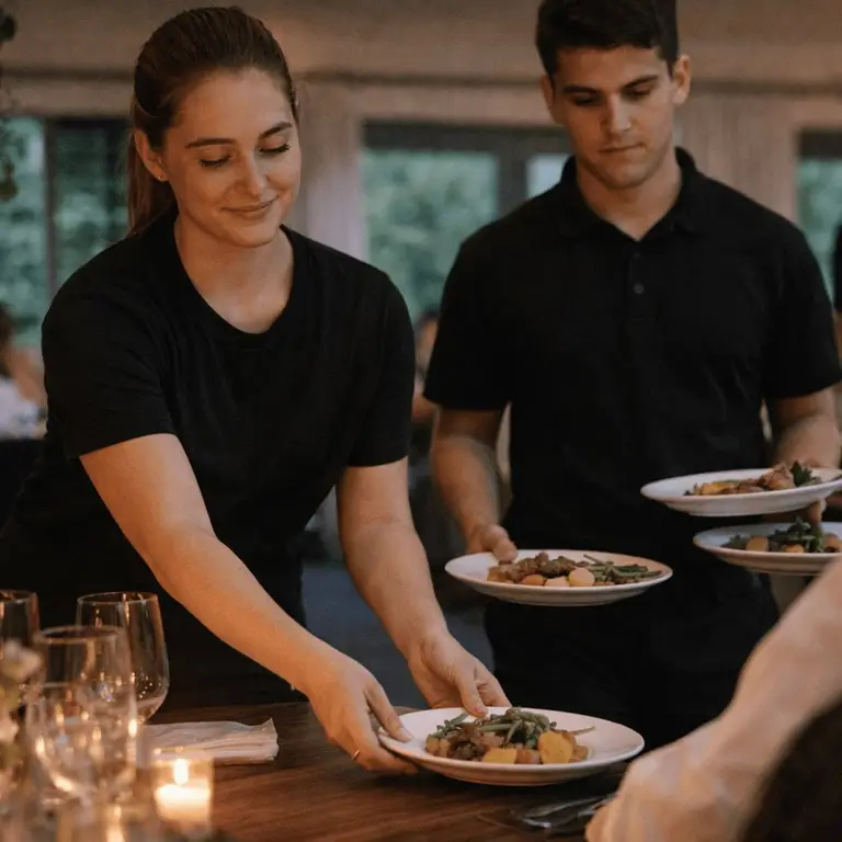 Zwei Servicekräfte servieren Teller an einer gedeckten Tafel